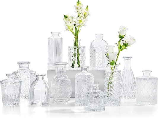 Glass Bud Vases Set of 12, Small Vases for Flowers, Clear Bud Vases in Bulk for Centerpieces Mini Vintage Vase for Rustic Home Wedding Table Decorations