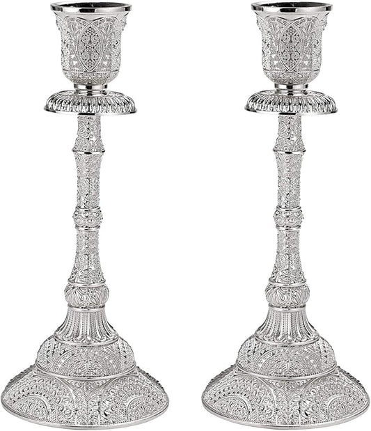 OwnMy Set of 2 Taper Candle Holders Vintage Metal Pillar Candlestick Holders 7.4”, Elegant Brass Candle Stick Holders Decor Candelabra Set for Dining Table Centerpieces Wedding Home Decoration, Silver