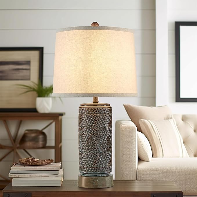 RORIA Set of 2 Farmhouse Table Lamps for Living Room Bedroom, 3 Way Dimmable Touch Nightstand Lamp with 2 USB Port, Rustic Vintage Bronze Ceramic Lamps for End Table Bedside, Bulbs Included