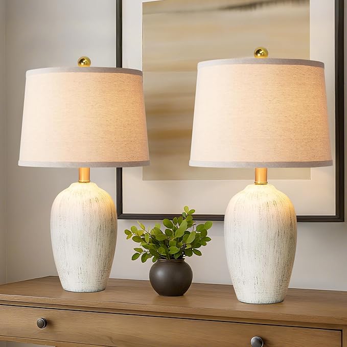 21'' Set of 2 Rustic Ceramic Table Lamps for Living Room Bedroom, Farmhouse Vintage Nightstand Lamps for Office Entryway End Table, 2 Bulbs Included