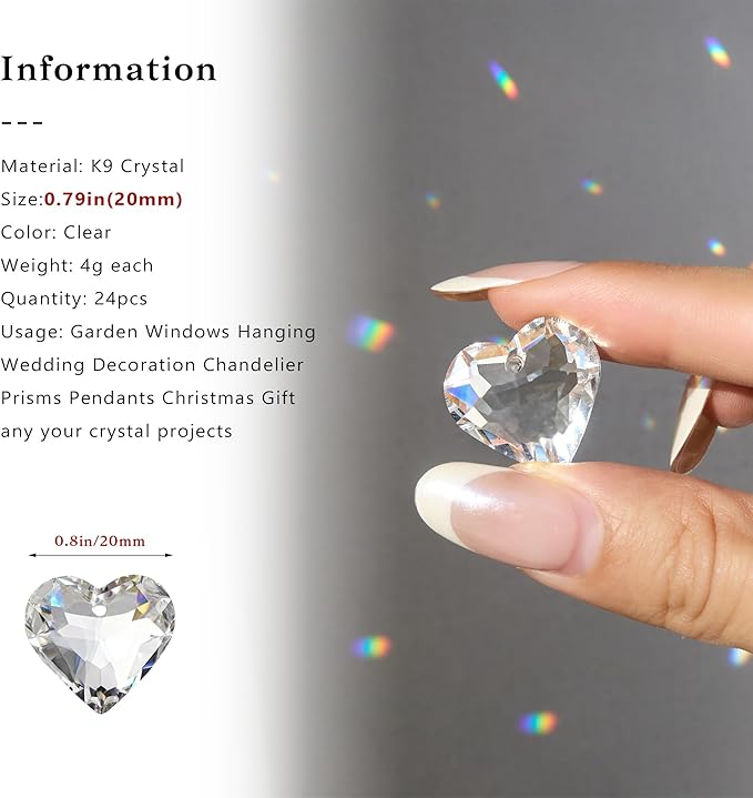 HDCRYSTALGIFTS 24pcs Heart Prisms Suncatchers 20mm Clear Crystal Beads Rainbow Maker Sun Catchers Chandelier Crystals Drop Parts Glass Wedding Valentine's Day Decorations