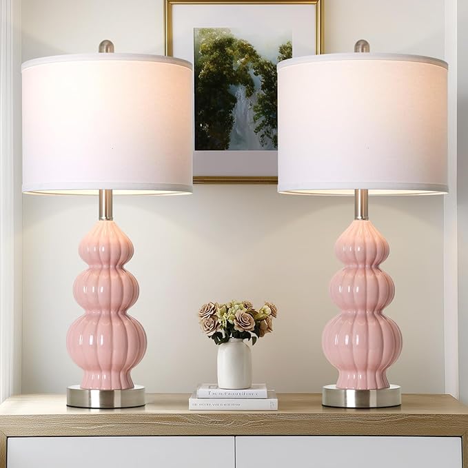 26.5" Pink Ceramic Table Lamps Set of 2, Modern Bedside Lamps for Girls Room, Triple Gourd Table Lamp for Living Room End Table or Bedroom Nightstand (2 LED Bulbs Included)
