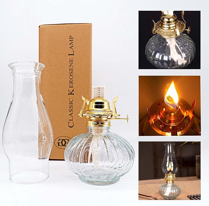 Large Oil Lamp for Indoor Use,Rustic Kerosene Lamp with 2 Pcs Wicks and 1 Tweezers,Glass Hurricane Lantern for Home Emergency Lighting (Clear)