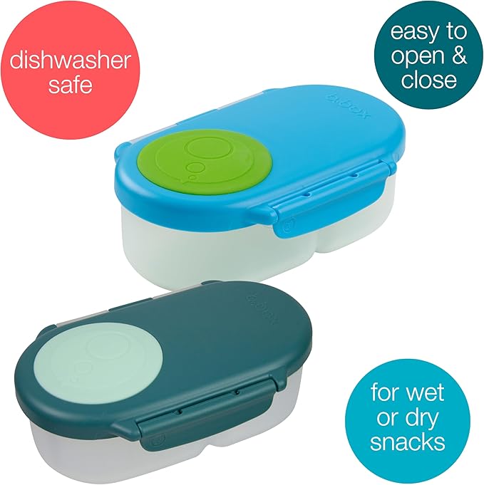 b.box Snack Box 2 Pack - Leak Proof Mini Bento Box for Kids & Toddlers, 2 Compartment Snack Containers for Kids, Dishwasher Safe, BPA Free, PFAS Free, Ages 4m+, 1 3/4 Cup Each (Ocean Blue + Forest)
