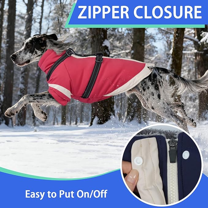 MIGOHI Ultra Thick Dog Jacket,Reflective Medium Dog Coat with Harness Built in,Warm Pet Winter Coat Zip Up Puffer Jacket with Furry Collar for Medium Dogs with Legs Outdoor Adventure,L,Pink