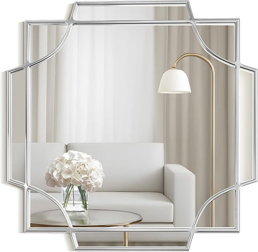 30"×30" Square Silver Wall Mirror, Decorative Geometric Accent Mirror with Wood Frame, Art Deco Style for Entryway, Living Room, Bathroom