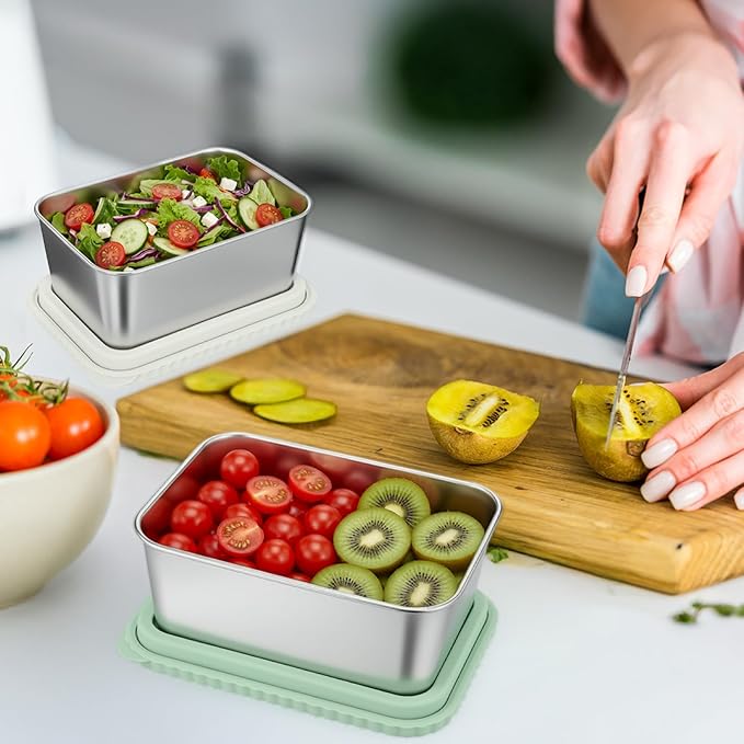 Acellegic Stainless Steel Snack Containers with Silicone Lids, 15 oz Reusable Food Storage Deli Containers for Meal, Leak Proof, Easy Open BPA Free Daycare and School(Beige, Green,2 Pack)