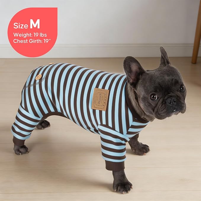 KYEESE Dog Pajamas, Stretchy Fleece Dog Pajamas for Small Dogs Puppy Jumpsuit, Warm Doggie PJS Pet Onesie Clothes with 4 Legs Sleepwear, Lightweight Cat Apparel, Blue Striped, S