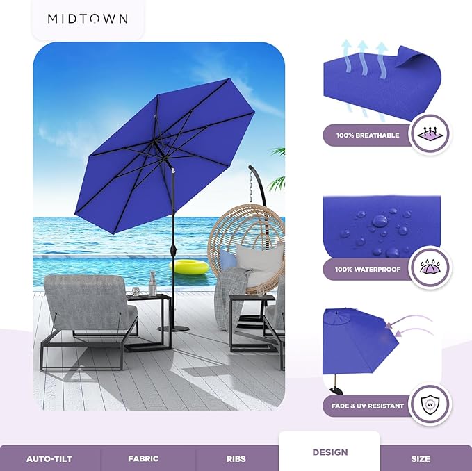 Midtown Umbrellas 10-Year-No-Fade - 6 Ft - UV Proof Royal Blue Fabric - Umbrella Outdoor Patio, Auto-Tilt Aluminum Frame Large Patio Umbrella for Garden, Pool & Deck - Black Pole