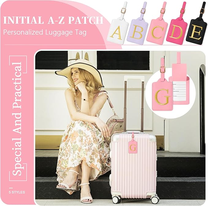 Personalized Initial Luggage Tags for Suitcase, Pink Leather Cute Luggage Tags with Privacy Cover Name Card, Embroidered Custom Monogrammed Luggage Tag Travel Bag Baggage Tags Gifts for Women Kids(G)