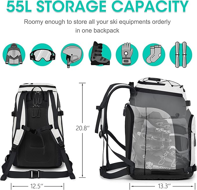 Ski Boot Bag, 55L/70L Waterproof Ski and Snowboard Boots Travel Backpack for Skis, Snowboard, Ski Helmet, Goggles, Gloves & Accessories