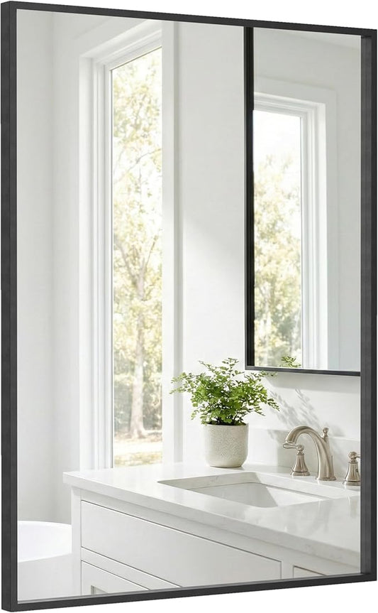 24''x36'' Matte Black Bathroom Mirror | Deep-Set Recessed Metal Frame | Heavy-Duty Thickened Rectangular Vanity Mirror for Single Sink | Modern Industrial & Farmhouse Wall Decor