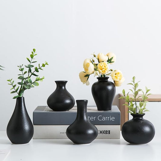 Small Ceramic Vase Set of 5, Black Bud Vase with Boho Decorative Design for Fireplace, Entryway & Living Room Centerpiece