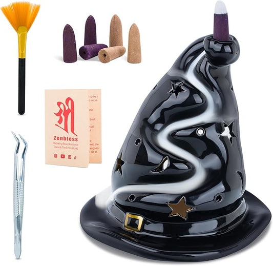 ZenBless 4 in 1 Witchcraft Supplies Ceramic Incense Holder Burner for Palo Santo, Sage, Candle and Backflow Waterfall with Free Backflow Incense Cones,Wiccan Altar Tools(tarot divination)