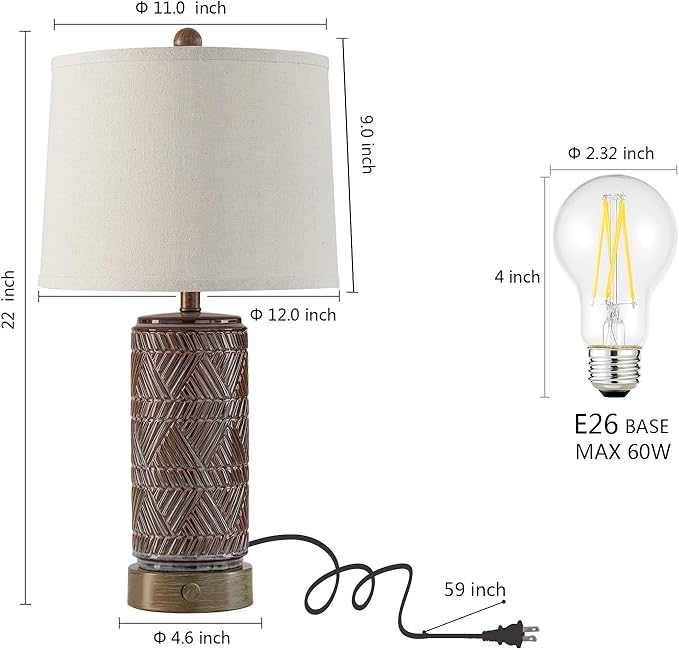 RORIA Set of 2 Farmhouse Table Lamps for Living Room Bedroom, 3 Way Dimmable Touch Nightstand Lamp with 2 USB Port, Rustic Vintage Bronze Ceramic Lamps for End Table Bedside, Bulbs Included