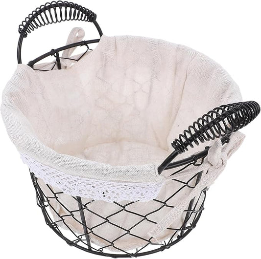 Housoutil Wire Basket with Fabric Liner and Handle, Rustic Metal Storage Basket for Bread, Candy, and Fruit, Multi-use Organizer for Kitchen and Table Decor