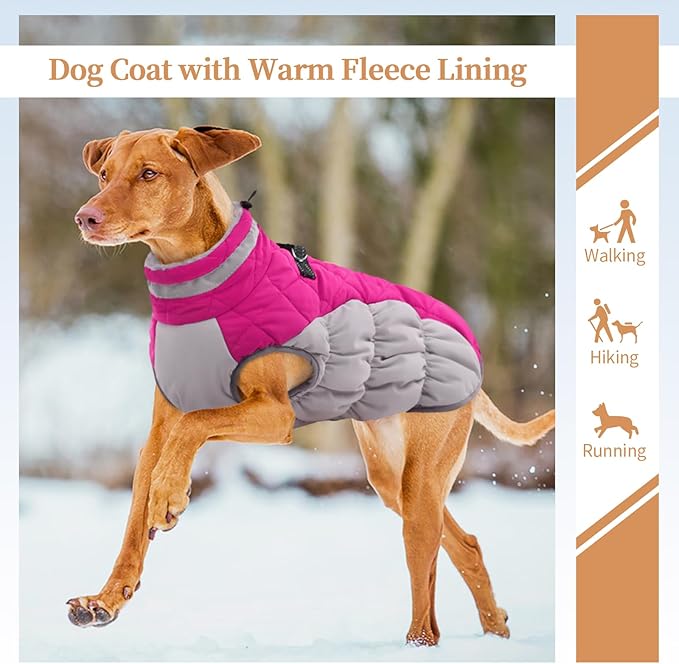 OUOBOB Large Dog Coat, XXLarge Dog Winter Coat, Waterproof Pet Jacket with Back Zipper,Extra Large Pet Coats, Warm Fleece Jacket with D-Ring, Windproof Winter Clothes Golden Retriever,Rose Red,XXL