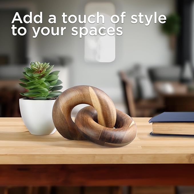 2 Link Wood Chain Link Decor Wood Knot Decor for Coffee Table, Living Room, Bookshelf - Hand Carved Farmhouse Decorative Fusion Knots - Boho Acacia Knot Sculpture for Scandirustic Home Accents