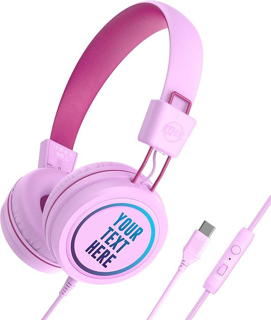 MEE audio KidJamz KJ55 Personalized USB-C Safe Listening Wired Headphones for Kids with Custom LED-Backlit Design, Volume Limiter, & Microphone for iPhone 15, iPad, & USB Type C Devices (Pink)