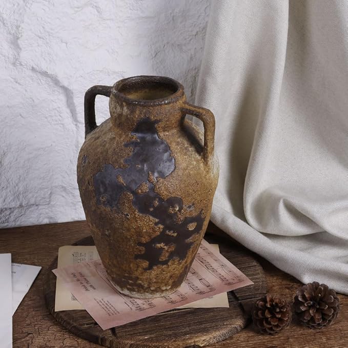 Wabi Sabi Decor Rustic Vase with 2 Handles, Farmhouse Vase for Home Decor, Vintage Terracotta Stone Vases Suitable for Home Decor, Living Room, Shelf Decor, Dining Table Decorative Vases