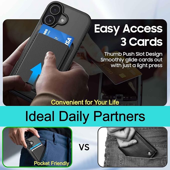 Ntwinro Magnetic for iPhone 16 Plus Case (Compatible with MagSafe) with Detachable Wallet & Card Holder for 3 Cards [RFID Blocking] Military Grade Protective Slim Phone Cover, Black