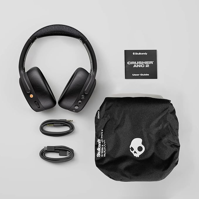 Skullcandy Crusher ANC 2 Wireless Over-Ear Bluetooth Headphones with Multi-Sensory Bass, Active Noise Cancelling, Up to 60 Hours Battery, Microphone for iPhone Android - Black/Asphalt