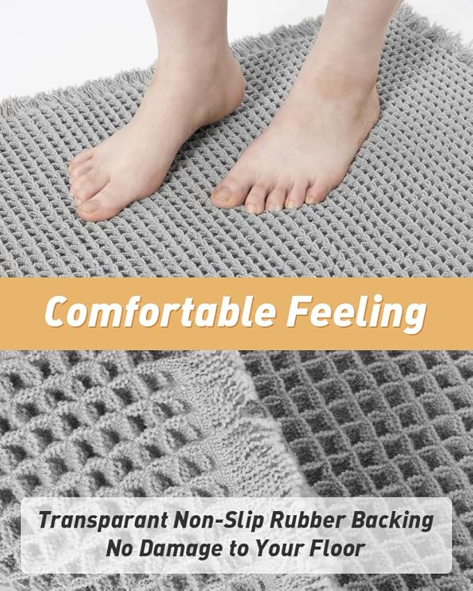 AMOAMI Upgraded Waffle Bath Mat, Super Absorbent Non Slip Bath Mats for Bathroom Floor, Machine Washable Bathroom Rugs with Tassels, Rubber Backed Bathroom Mats, Ultra Soft, 17" x 24", Grey