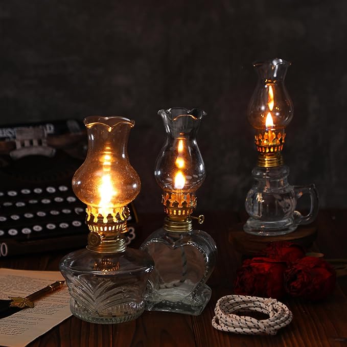 Yexiya 6 Pcs Chamber Oil Lamps Oil Lamp Vintage Glass Kerosene Lamp Bulk with Adjustable Fire Wick Rustic Clear Hurricane with 6.6 ft Extra Wick for Indoor Use Home Decor 8 Inch (Heart)