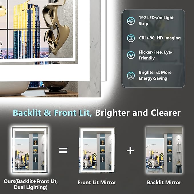 24x32 LED Bathroom Mirror with Lights, Backlit and Front Lit, Anti-Fog Lighted Vanity Mirrors for Bathroom Wall, Dimmable, 3-Color Light, Memory, Shatter-Proof, HD Tempered Glass, CRI＞90