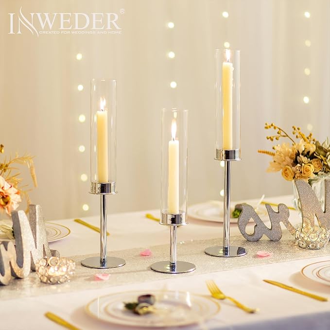 Hurricane Taper Candle Holders: Silver Glass Candlestick Holder Tall Candle Sticks Holder Decor with Glass Cover for Wedding Table Centerpiece Party Birthday Christmas Home Mantel Set of 3