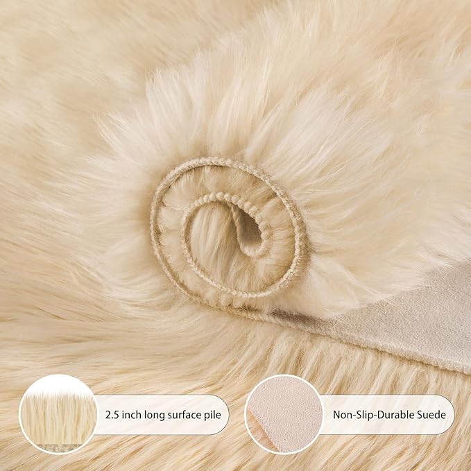 Ciicool Faux Fur Rug for Bedroom, Beige Fluffy Shag Rugs for Sofa Couch Seat Cushion, Washable Fuzzy Runner Thick Fur Area Rug Floor Carpets for Bedside Living Room, 2x6 Ft Rectangle