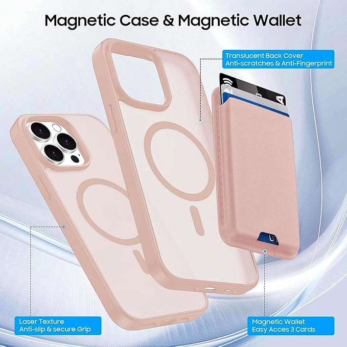 Ntwinro Magnetic for iPhone 15 Pro Max Case (Compatible with MagSafe) with Detachable Wallet & Card Holder for 3 Cards [RFID Blocking] Military Grade Protective Slim Phone Cover, Pink