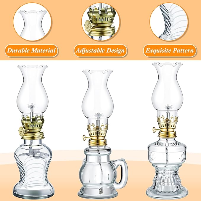 Yexiya 12 Set Vintage Glass Kerosene Lamp Rustic Oil Lamp Lantern Chamber Oil Clear Kerosene Hurricane with 6.6 ft Extra Wick for Indoor Use Lighting Decor Emergency (Retro Style)