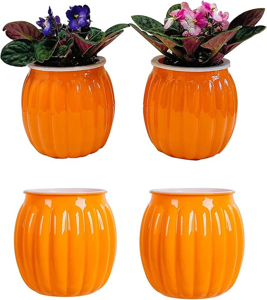 Meicynhoger 4-Pack Pumpkin Self-Watering Planter for African Violets,Snake Plant,Succulents - 4.3" Flower/Plant Pot for Indoor Outdoor,Table, Balcony,Deck,Garden Orange
