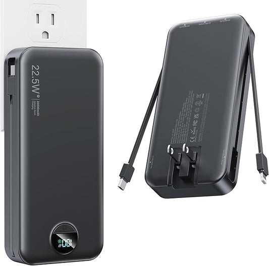 Portable Charger, 20000mAh 22.5W Fast Charging Power Bank with Built-in Cables & Wall Plug, USB C External Battery Pack with LED Display, Travel Essentials Phone Charger for iPhone iPad Samsung Black