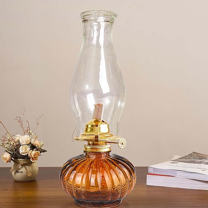Large Oil Lamp for Indoor Use,Rustic Kerosene Lamp with 2 Pcs Wicks and 1 Tweezers,Glass Hurricane Lantern for Home Emergency Lighting (Brown)