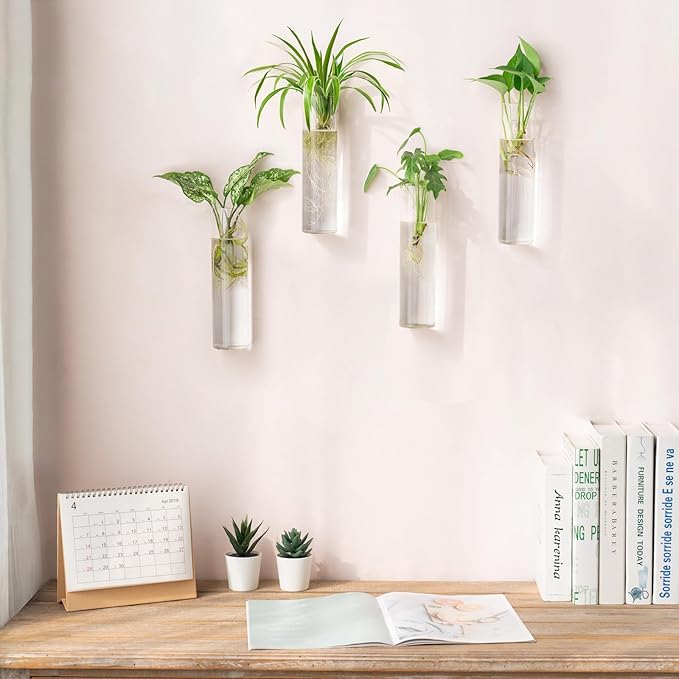 Mkono Propagation Station Wall Planter Hanging Glass Tubes Flower Vase for Hydroponics Plants, Bathroom, Home Office Living Room Decor Gift, Cylinder Set of 4