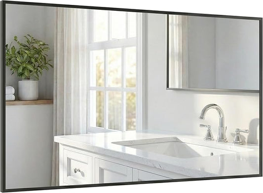 48''x30'' Black Bathroom Mirror, Large Metal Framed Vanity Mirror for Wall, 30x48 Horizontal Mirror Over Sink, Modern Farmhouse, Flush Mount
