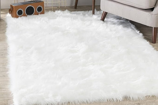 Silky Soft Faux Fur Shaggy Rug, 8 ft. x 10 ft. White Fluffy Sheepskin Area Carpet, Rectangle Shape for Living Room, Bedroom, Kid's Room, or Nursery, Machine Washable with Non-Slip Backing