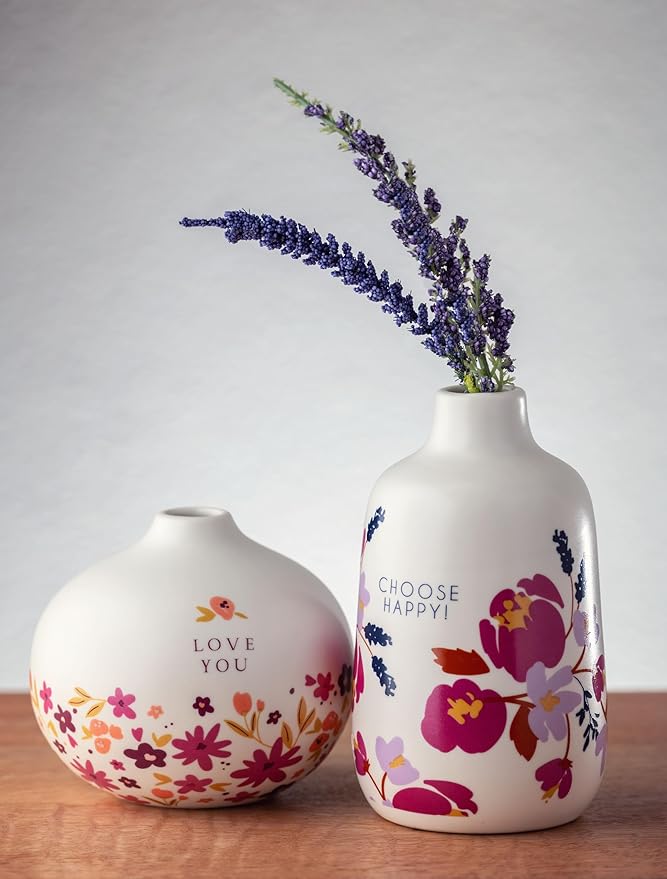 Karma, White Small Bud Ceramic Flower Vases for Rustic Home Decor, Mini Vases for Modern Farmhouse Decor, Living Room, Mantel and Entryway Decor, Love You