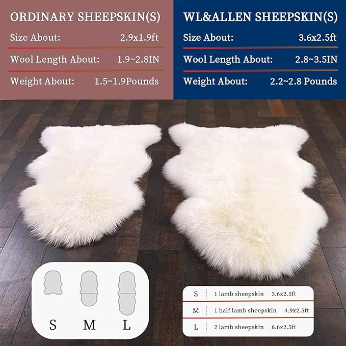 WL&ALLEN Large Sheepskin Rug Genuine Thick and Lush 3 Inch Pile，Luxury Australian Pelts |Large Sheepskin Wool Area Rugs (Double Pelt 2'6" x 6'6",Light Brown)