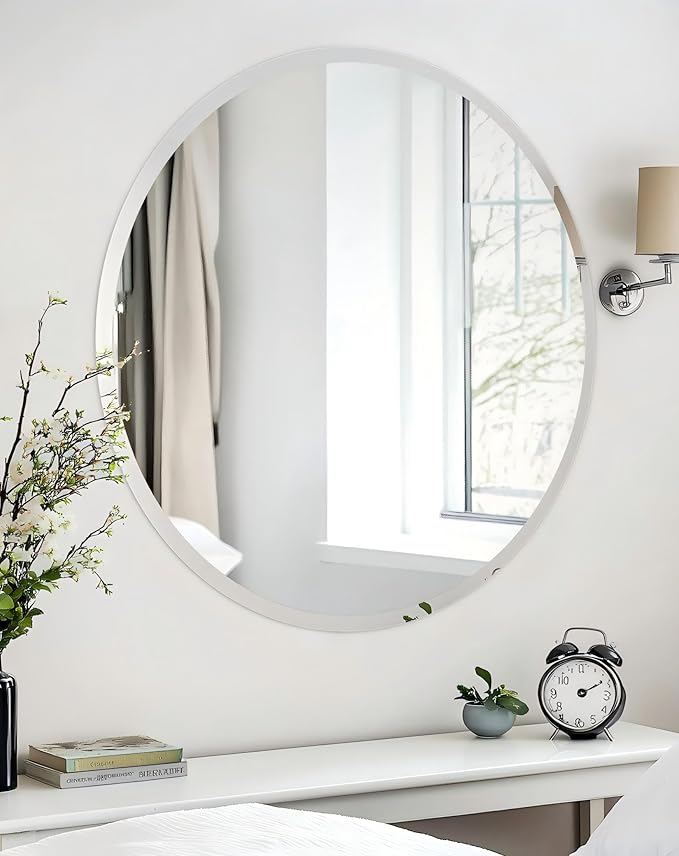 Frameless Round Wall Mirror: Decorative Mirrored Glass Vanity with Beveled Silver Edge for Bathroom Bedroom Livingroom Dining Room Entryway Hallway, 36 x 36 inch