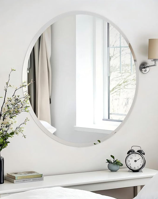 Frameless Round Wall Mirror: Decorative Mirrored Glass Vanity with Beveled Silver Edge for Bathroom Bedroom Livingroom Dining Room Entryway Hallway, 36 x 36 inch