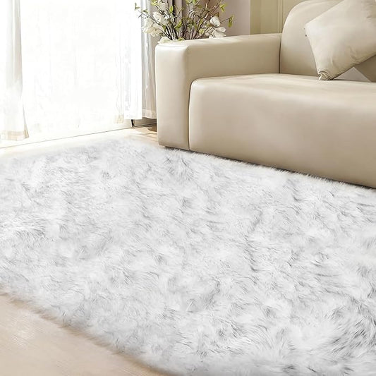 Gray and White Area Rug 6x9 Rugs for Bedroom Fuzzy Plush Large Sheepskin Washable Fluffy Fur Rug for Living Room Nursery Rug