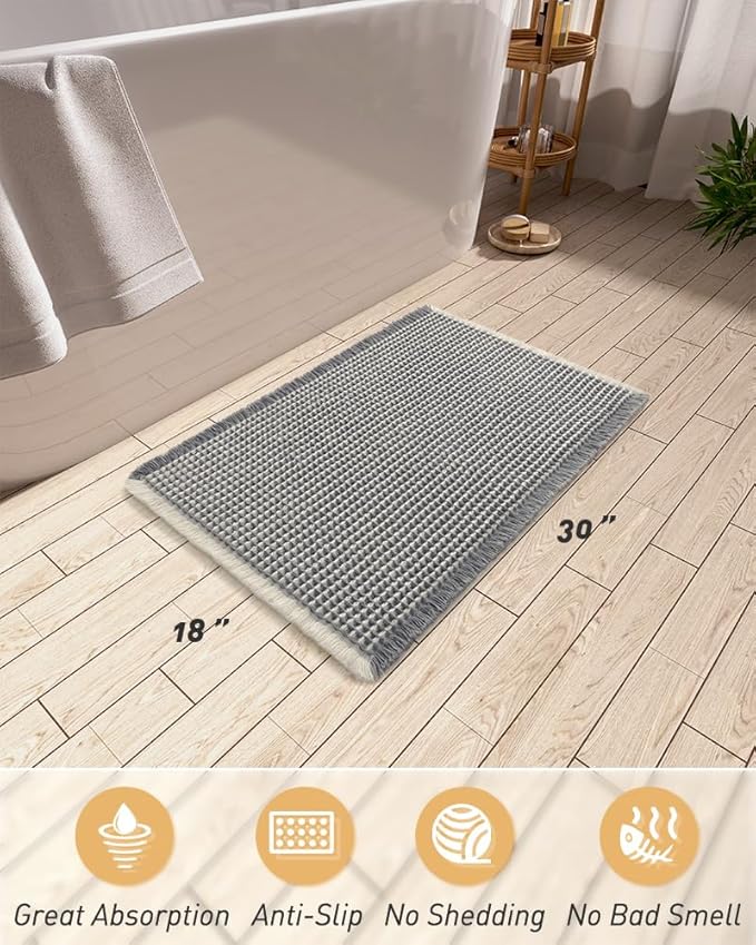 Upgraded Waffle Bath Mat, Super Absorbent Non Slip Bath Mats for Bathroom Floor, Machine Washable Bathroom Rugs with Tassels, Rubber Backed Bathroom Mats, Ultra Soft, 18" x 30",DarkGrey & Cream