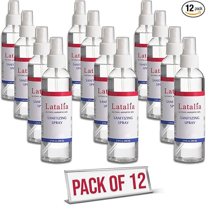 Latalia Unscented Hand Sanitizer Spray Refill Pack of 12 | 6.67 Fl oz with 80% Alcohol Bulk Hand Sanitizer Travel Size | Hand Sanitizing Spray For Quick Dry Hand