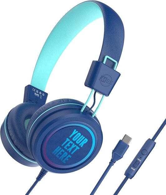 MEE audio KidJamz KJ55 Personalized USB-C Safe Listening Wired Headphones for Kids with Custom LED-Backlit Design, Volume Limiter, & Microphone for iPhone 15, iPad, & USB Type C Devices (Blue)