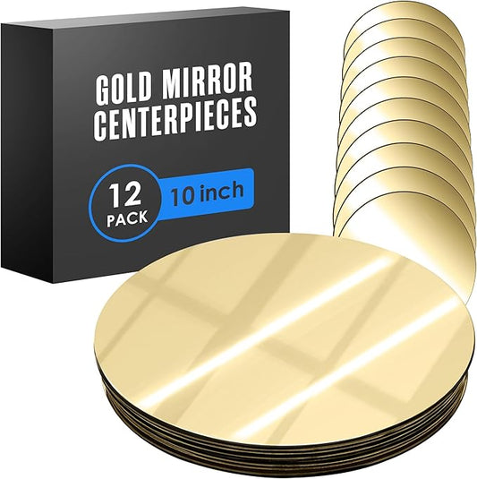 Houseables Gold Mirror Centerpieces For Tables, Round Mirrors For Centerpieces, Mirrored Trays, Round Table Plate Tray, Circle, Glass Charger, Wedding, Center Piece, Small, Base, Candle, 10 Inch, 12PK