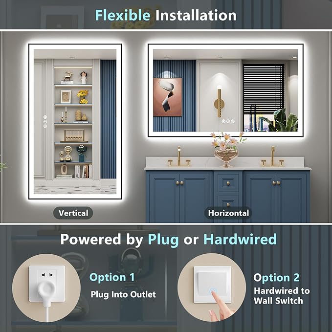 57x36 Black Framed LED Bathroom Mirror with Lights, Backlit + Front Lit, Anti-Fog Lighted Vanity Mirror for Bathroom Wall with 3 Colors, Dimmable, Memory, Shatter-Proof, HD Tempered Glass