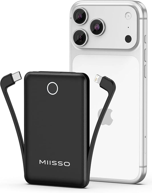 miisso 10000mAh Mini Portable Charger with Built in Cable, Pocket Size Power Bank Travel External Battery Pack for Phone, 3 Output USB Type C Cord Clutch Compatible with iPhone, Samsung, Black